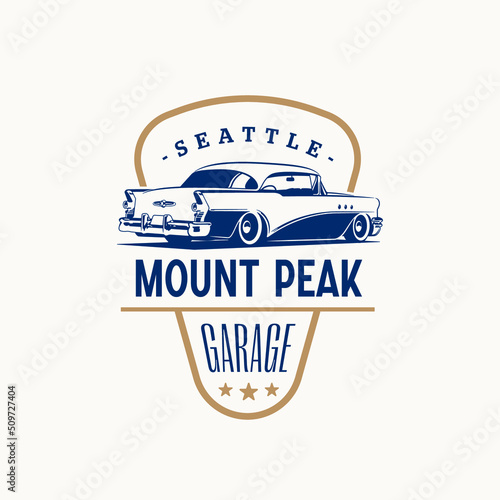 Lowrider logo template. Vintage style vector illustration element for retro design label. Suitable for garage, shops, tires, car wash, car restoration, repair and racing. Authentic car garage logo