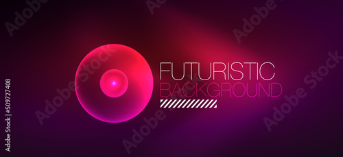 Shiny neon geometric abstract background. Glowing lights on round shapes, triangles and circles. Wallpaper for concept of AI technology, blockchain, communication, 5G, science, business