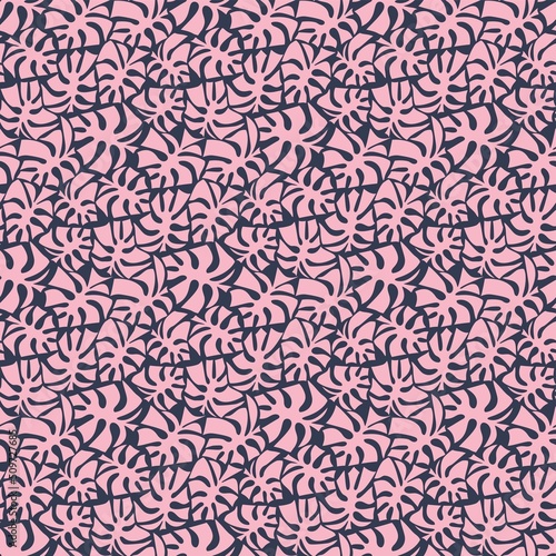 Pink monstera leaves on dark blue seamless pattern vector. Cartoon jungle night floral endless texture. Minimalist exotical surface design with hand-drawn tropical leaves vector