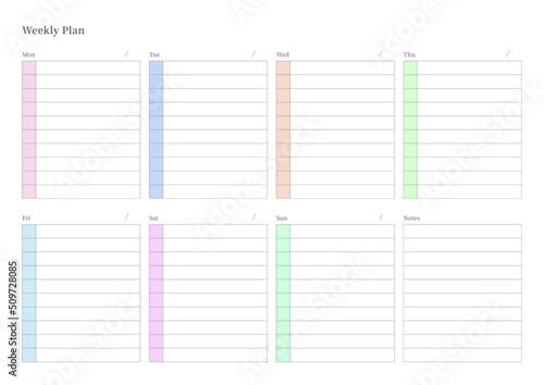 Note, scheduler, diary, calendar planner document template illustration. Weekly plan form.