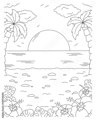 Wonderful natural landscape with beach. Coloring book page for kids. Cartoon style. Vector illustration isolated on white background.