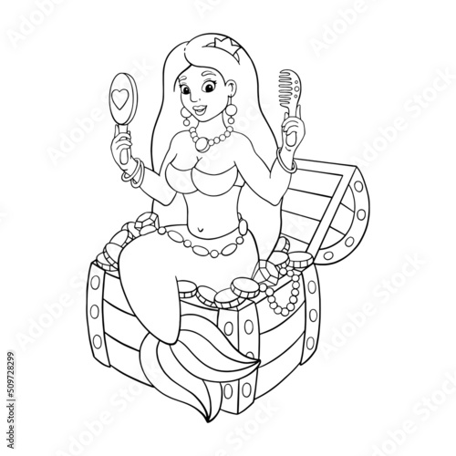 A beautiful mermaid sits on a treasure chest. Coloring page for kids. Digital stamp. Cartoon style character. Vector illustration isolated on white background.