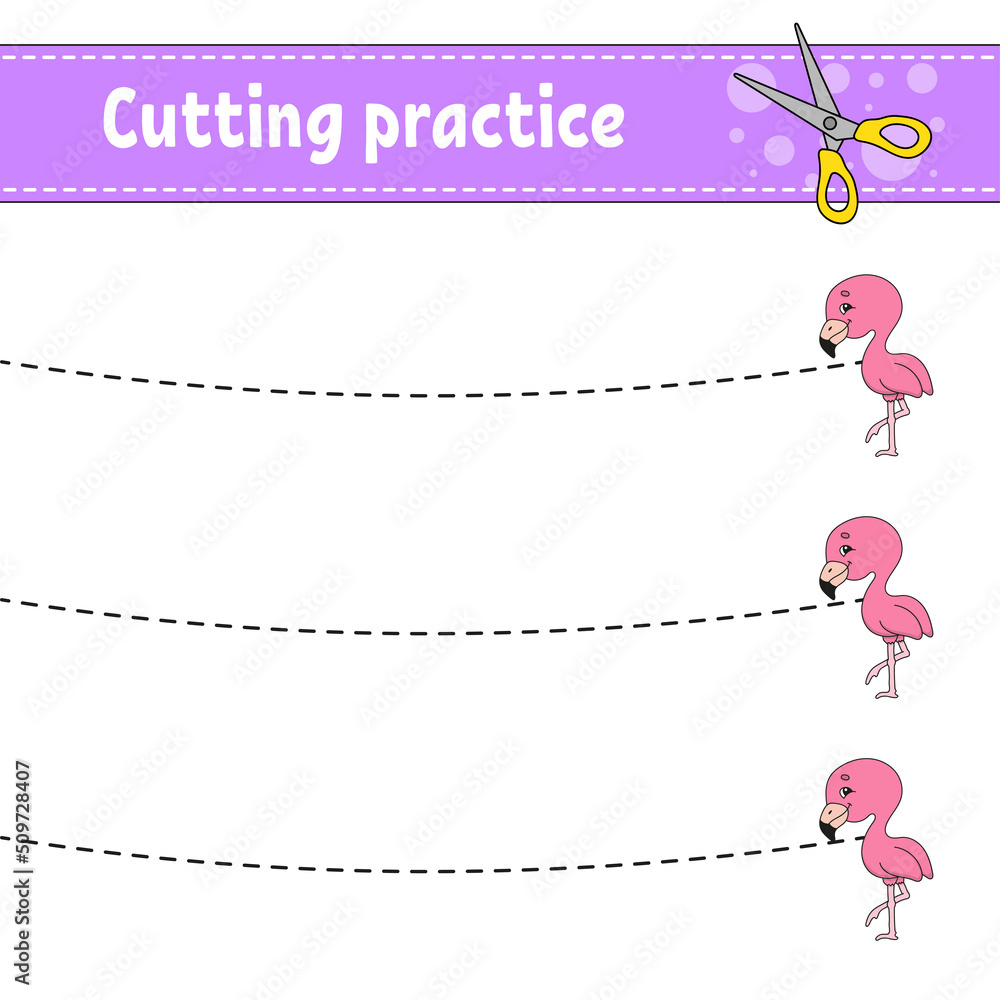 Cutting practice for kids. Education developing worksheet. Activity page. Color game for children. Isolated vector illustration. cartoon character. Animal theme.