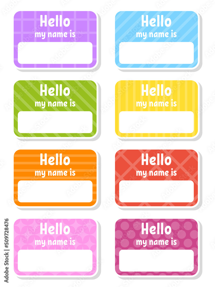 Hello name badge. Bright stickers. Rectangular label. Color vector isolated illustration. Hello name badge. Bright stickers. Rectangular label. Color vector isolated illustration.