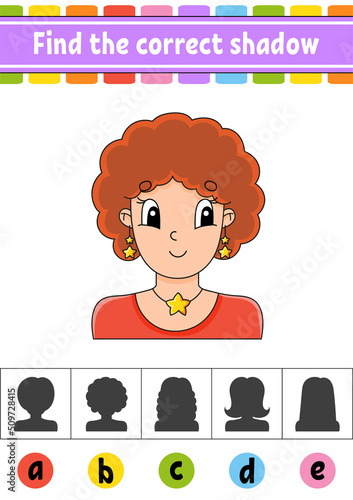 Find the correct shadow. Education developing worksheet. Activity page. Color game for children. Isolated vector illustration. Cartoon character.