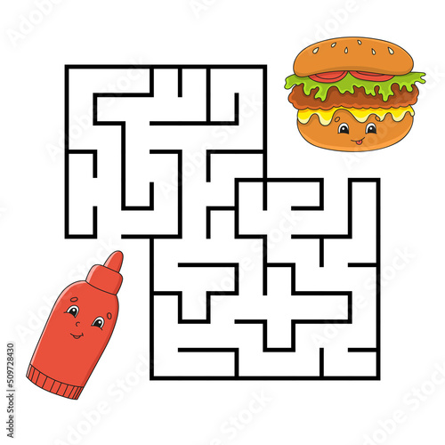 Square maze. Game for kids. Puzzle for children. Labyrinth conundrum. Color vector illustration. Isolated vector illustration. cartoon character. Barbecue theme.