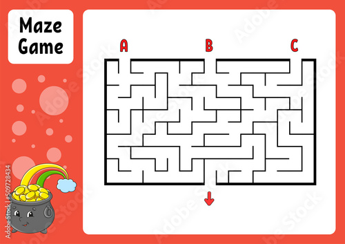 Rectangle maze. Game for kids. Three entrances, one exit. Education worksheet. Puzzle for children. Labyrinth conundrum. Color vector illustration. Find the right path. cartoon character.
