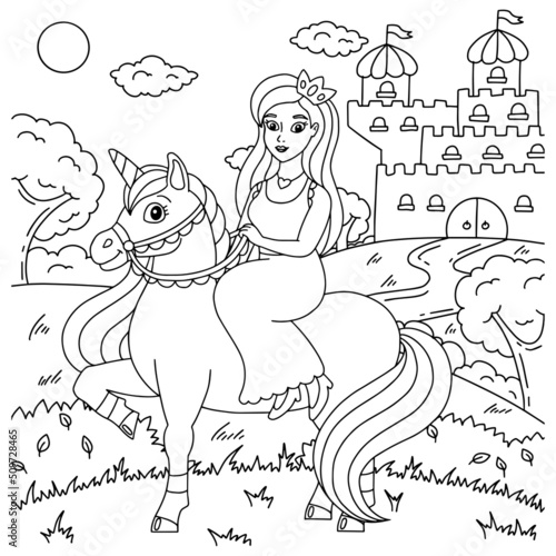 The princess is riding a unicorn. Coloring book page for kids. Cartoon style character. Vector illustration isolated on white background.