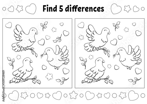 Find five differences. Coloring page for kids. Activity worksheet for children. Vector illustration isolated on white background.
