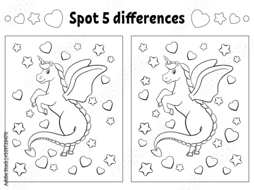 Find five differences. Coloring page for kids. Activity worksheet for children. Vector illustration isolated on white background.