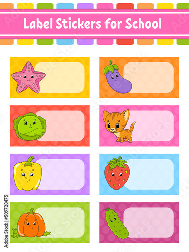 Set stickers for school. Empty template. Name tags, gift labels. Perfect for folders, daily journals, notebooks, lunch bags, pencil boxes. Rectangular label. Color vector isolated illustration.