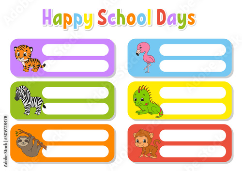 School name label. Bright stickers. Rectangular label. Cute characters. Color vector isolated illustration.
