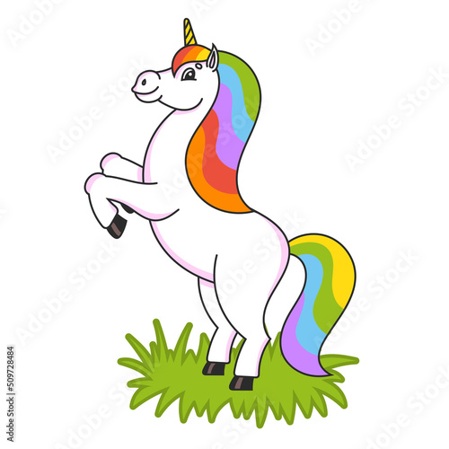 The magical unicorn reared up. The animal horse stands on its hind legs. Cartoon style. Simple flat vector illustration.