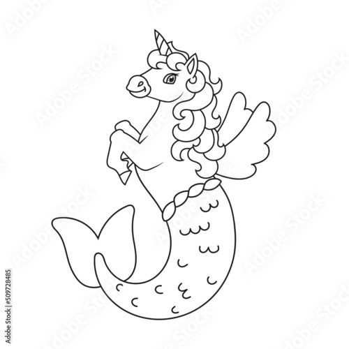 Coloring book for kids. Cute mermaid unicorn. Cartoon character. Vector illustration. Black contour silhouette. Isolated on white background.