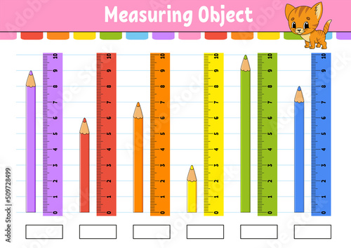 Measuring length in centimeter with ruler. Education developing worksheet. Game for kids. Color activity page. Puzzle for children. Cute character. Vector illustration. cartoon style.