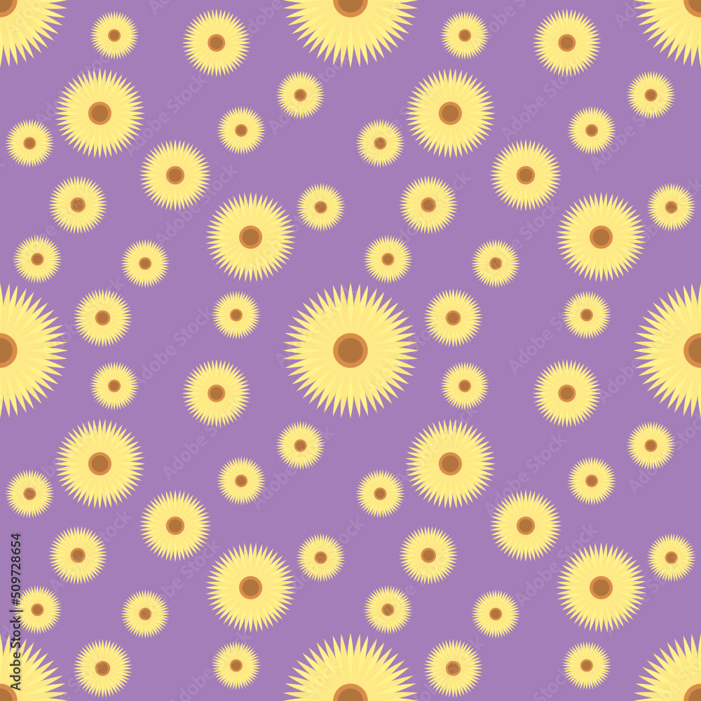 Yellow flowers on the purple background, seamless pattern vector illustration. Yellow flowers on the purple background, seamless pattern vector illustration.