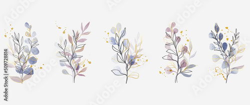 Minimal botanical wedding frame elements on white background. Set of circle shapes, flowers, leaf branches in hand drawn pattern. Foliage line art design for wedding, card, invitation, greeting.