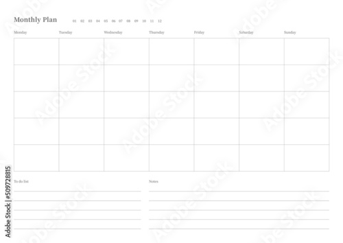 Note, scheduler, diary, calendar planner document template illustration. Monthly plan form.