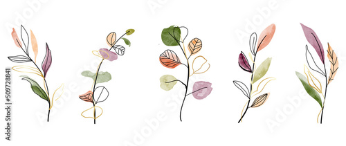 Luxury botanical gold wedding frame elements on white background. Set of geometric shapes, glitters, eucalyptus, leaf branches. Elegant watercolor foliage for wedding, card, invitation, greeting.