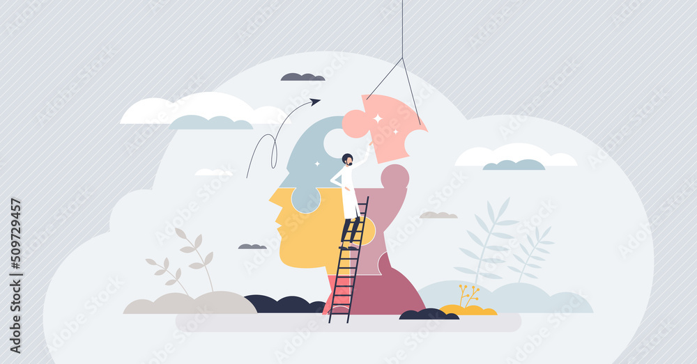 Clinical psychology as mental and behavioral health care tiny person concept. Emotional illness support with therapy and thinking change vector illustration. Doctor assistance for mental disease. - obrazy, fototapety, plakaty 