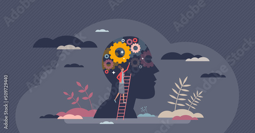 Intelligence and smart brain power for wisdom learning tiny person concept. Education as personal development and mind training vector illustration. Psychological research and mental self reflection .