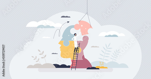 Clinical psychology as mental and behavioral health care tiny person concept. Emotional illness support with therapy and thinking change vector illustration. Doctor assistance for mental disease. photo