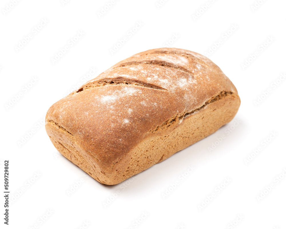 Lush loaf of rye bread isolated on a white background. Homemade baking. Lush loaf of rye bread isolated on a white background. Homemade baking.