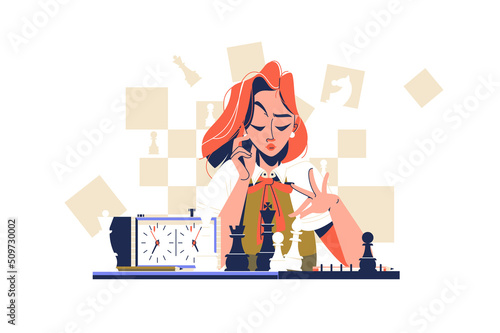 Concentrated girl play chess alone