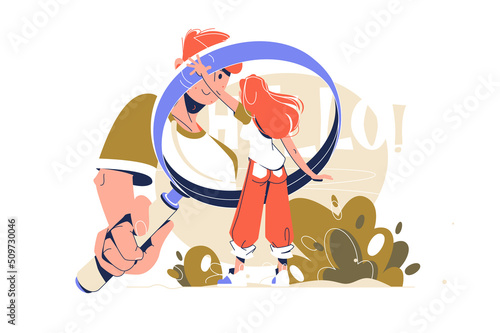 Girl under boys magnifier tool