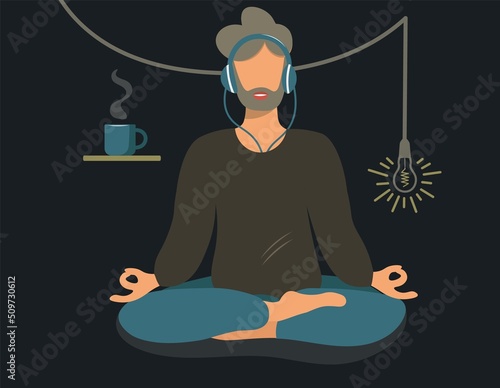 A man sits in a lotus position, does yoga and listens to music. Hipster in headphones meditates and drinks coffee. Vector flat illustration on a dark background. Template for yoga day.