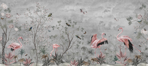 wallpaper jungle pattern and tropical forest flamngo and tropical birds, old drawing vintage grey