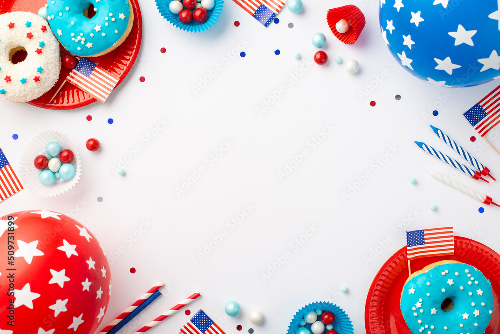 Obraz premium USA Independence Day concept. Top view photo of national flags balloons confetti candles paper baking molds candies straws plates with donuts on isolated white background with copyspace in the middle