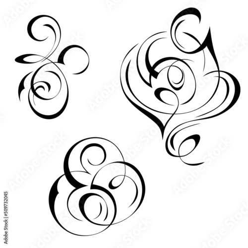 three separate decorative abstract elements in flowing lines. Set