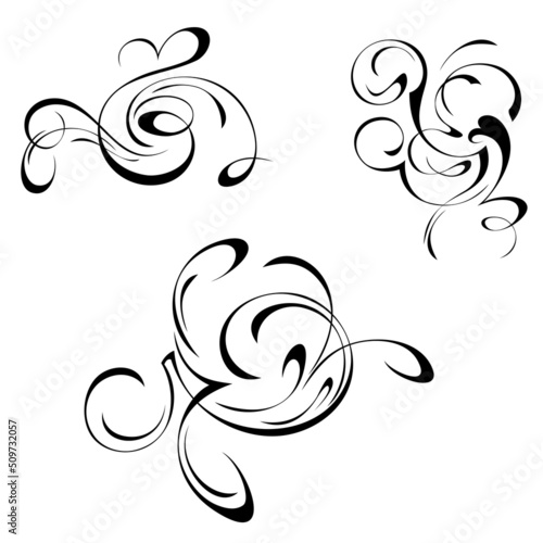 three separate decorative abstract elements in flowing lines. Set