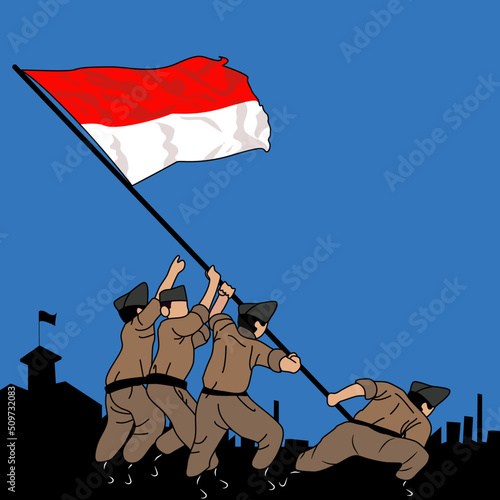 indonesian army raising  red and white flag photo