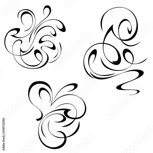 three separate decorative abstract elements in flowing lines. Set