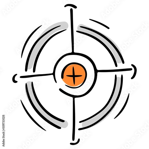 gray round target with an orange center, hitting the bullseye, vector isolated element in doodle style, black outline, white background, colored business doodles