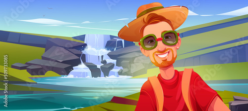 Tourist taking selfie photo over beautiful waterfall cascade in travel. Portrait of young man in sunglasses at outdoor expedition in nature, hiking journey on holidays, Cartoon vector illustration