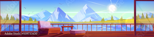 House terrace with couch and table on lake shore in mountain valley. Vector cartoon panoramic illustration of summer landscape with river, rocks and wooden cottage veranda with handrails