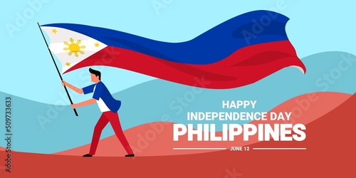 Philippines independence day banner, Young man waving flag, as independence symbol, vector illustration.