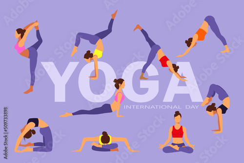 International yoga day. Set of slim sportive young woman doing yoga exercises.