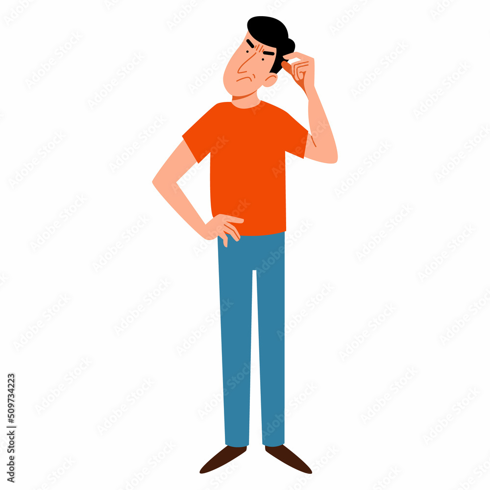 A full-length thinking man. The people forgot something. Vector illustration in a flat style on an isolated white background.