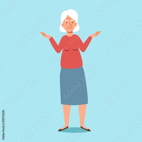 Grandma thought about it, trying to remember. An elderly character with Alzheimers disease. Vector illustration in a flat style.