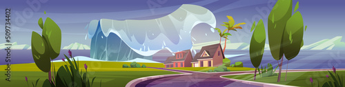 Sea beach with houses and tsunami wave. Panorama with natural disaster, ocean storm. Vector cartoon illustration of tropical landscape with buildings, road and trees flood by big water wave