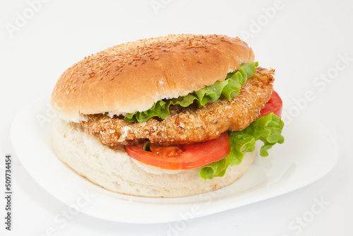 Classic chicken hamburger on white plate