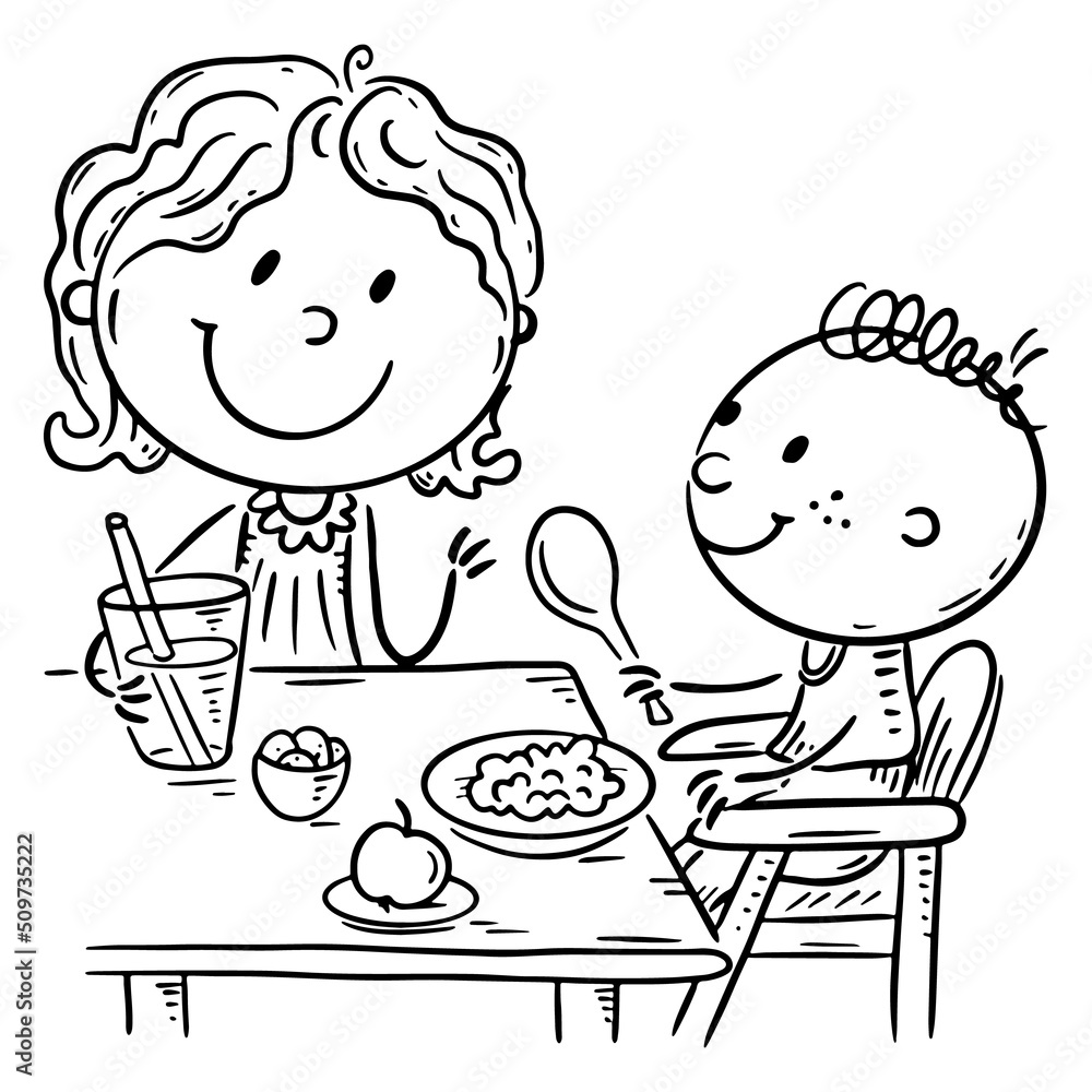 Cartoon outline family eating. Illustration of mom feeding child Cartoon outline family eating. Illustration of mom feeding child
