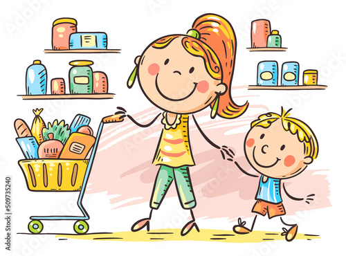 Cartoon doodle mom and son at supermarket with shopping cart