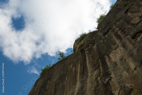 Monumental Rock Formations Covered by White Clouds on a Rainy Summer Day