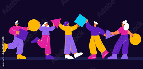 Business teamwork and collaboration concept. Employee team hold geometric shapes together isolated on black background. Vector flat illustration of cooperation and partnership