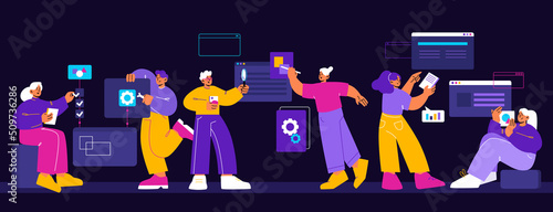 Team of mobile and web app development, digital interfaces, computer software. Vector flat illustration of developers teamwork, process of programming application